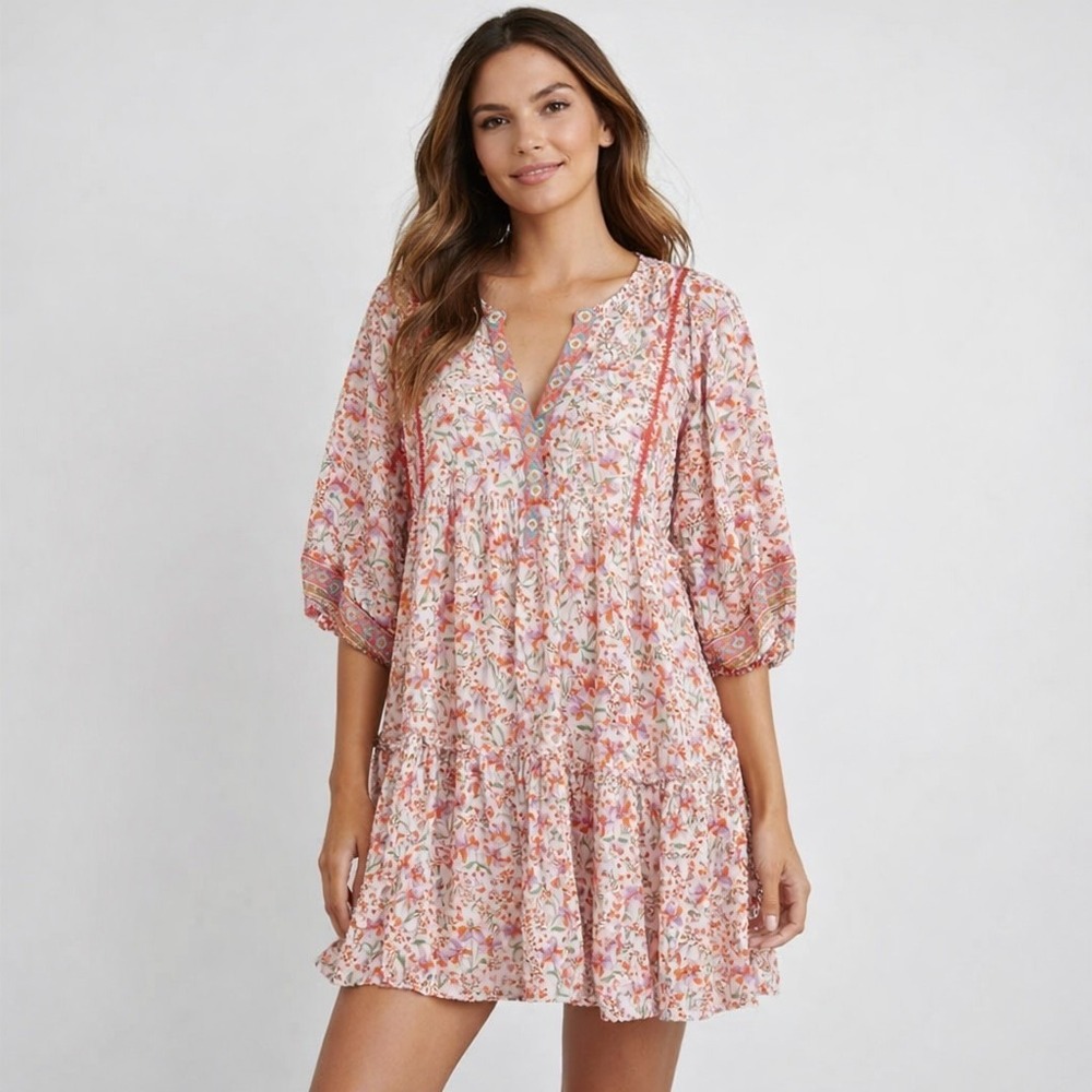 Poupette St Barth Dress Womens M Pink Floral Trapeze Sundress Smocked Ruffle